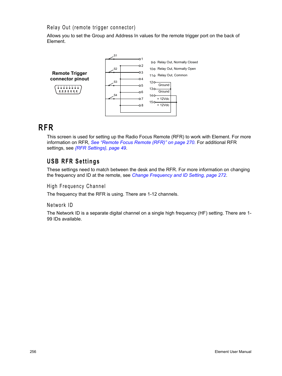 Usb rfr settings, Relay out (remote trigger connector), High frequency channel | Network id | ETC Element v2.1.0 User Manual | Page 268 / 318