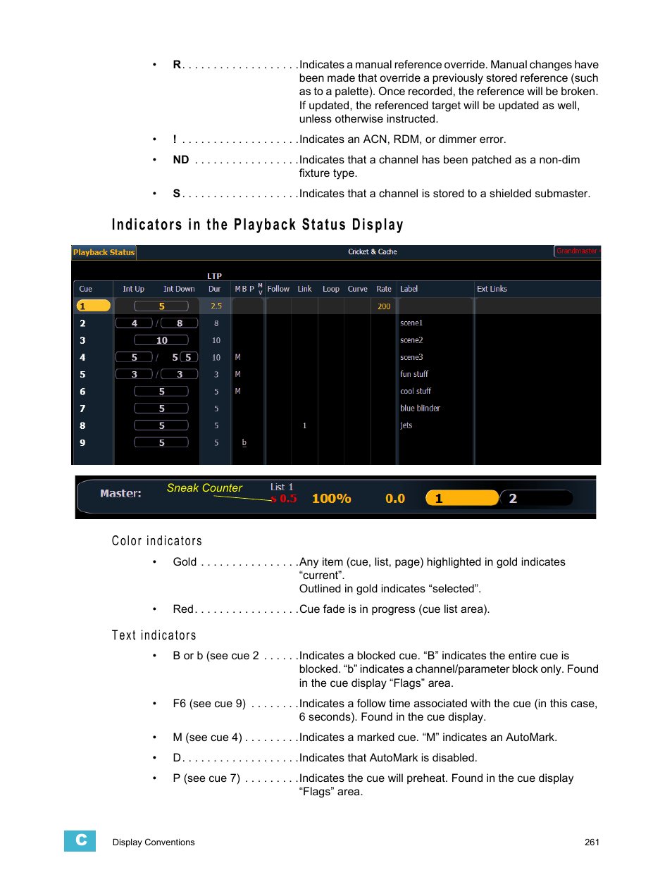 Indicators in the playback status display, Indicators in the playback status, Color indicators | Text indicators | ETC Element v2.1.0 User Manual | Page 273 / 318