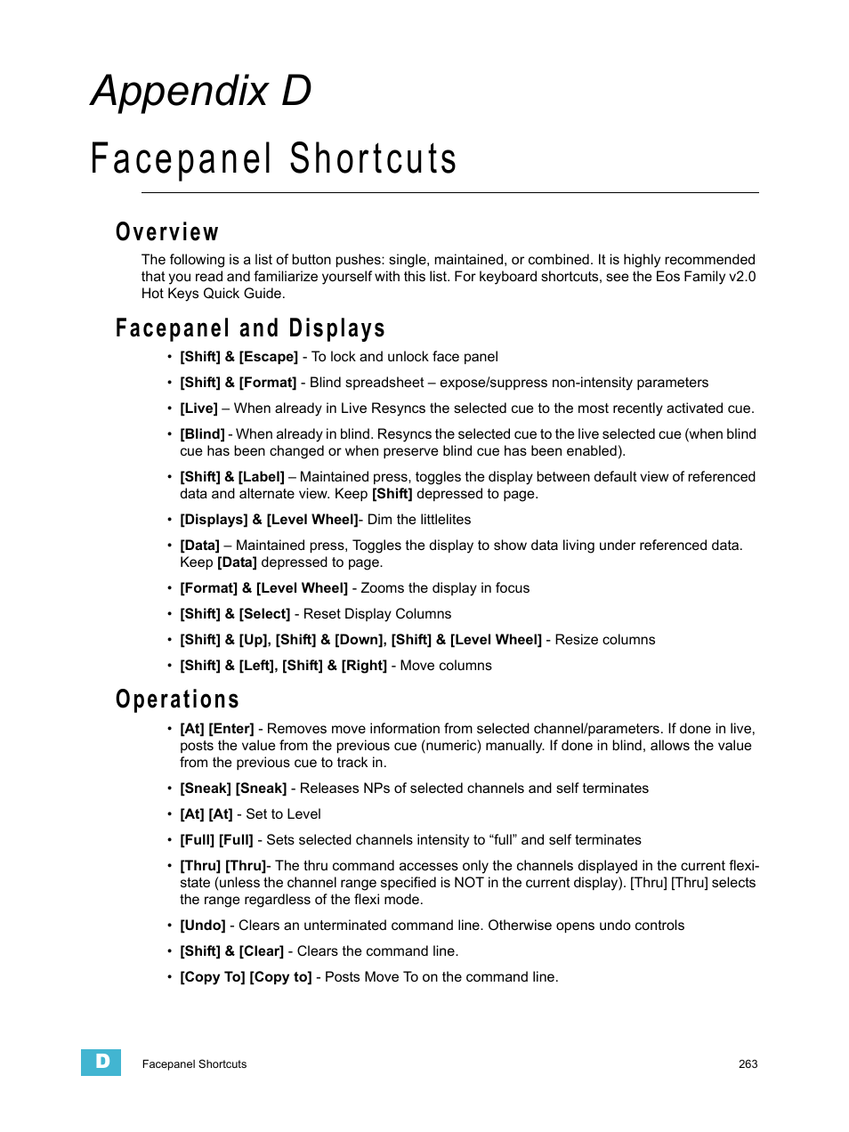 Facepanel shortcuts, Overview, Facepanel and displays | Operations, A p p e n d i x d, Appendix d facepanel shortcuts | ETC Element v2.1.0 User Manual | Page 275 / 318