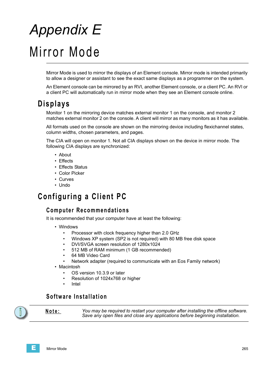 Mirror mode, Displays, Configuring a client pc | Computer recommendations, Software installation, A p p e n d i x e, Appendix e mirror mode | ETC Element v2.1.0 User Manual | Page 277 / 318