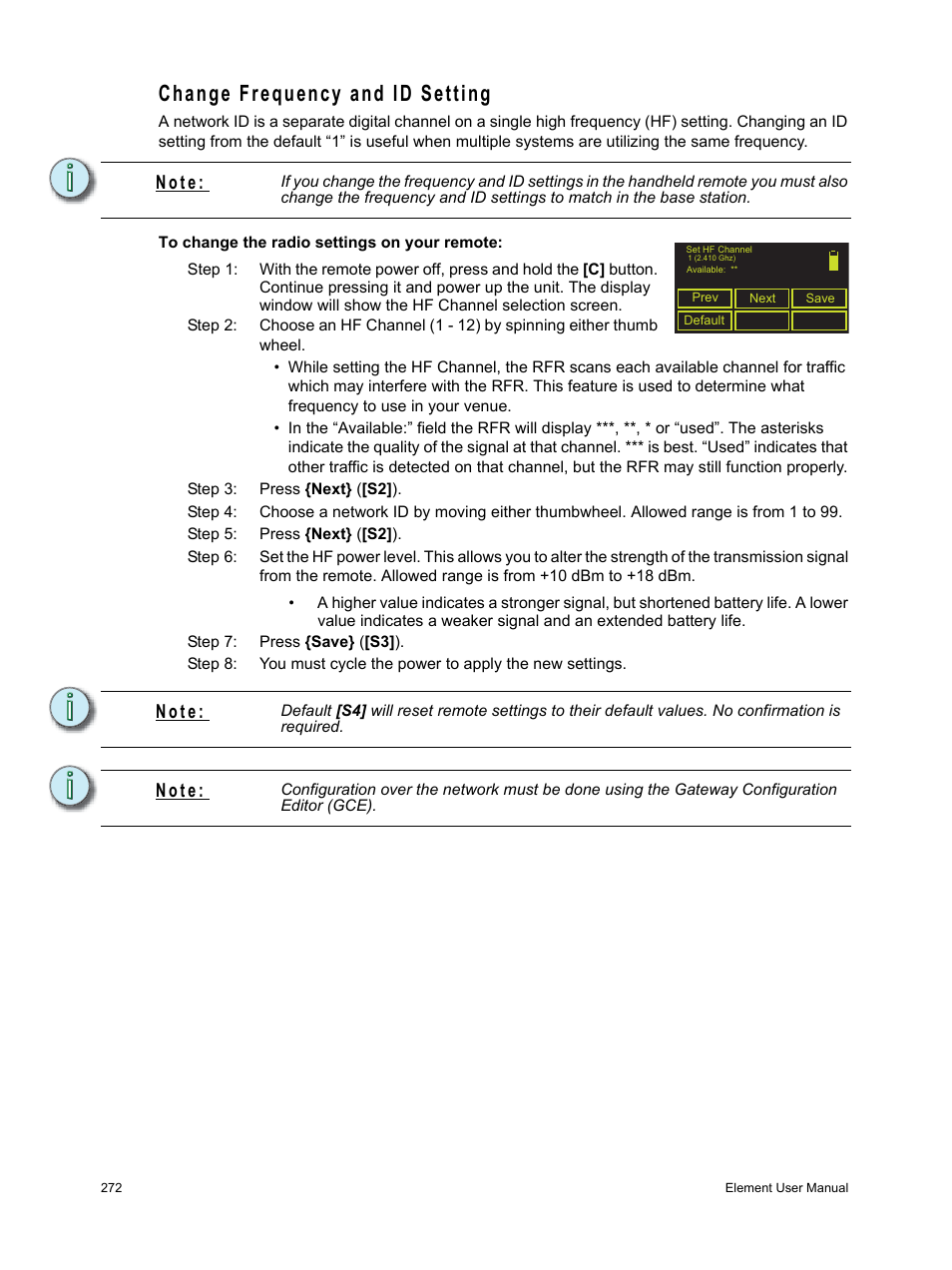 Change frequency and id setting, At the remote, see, N o t e | ETC Element v2.1.0 User Manual | Page 284 / 318