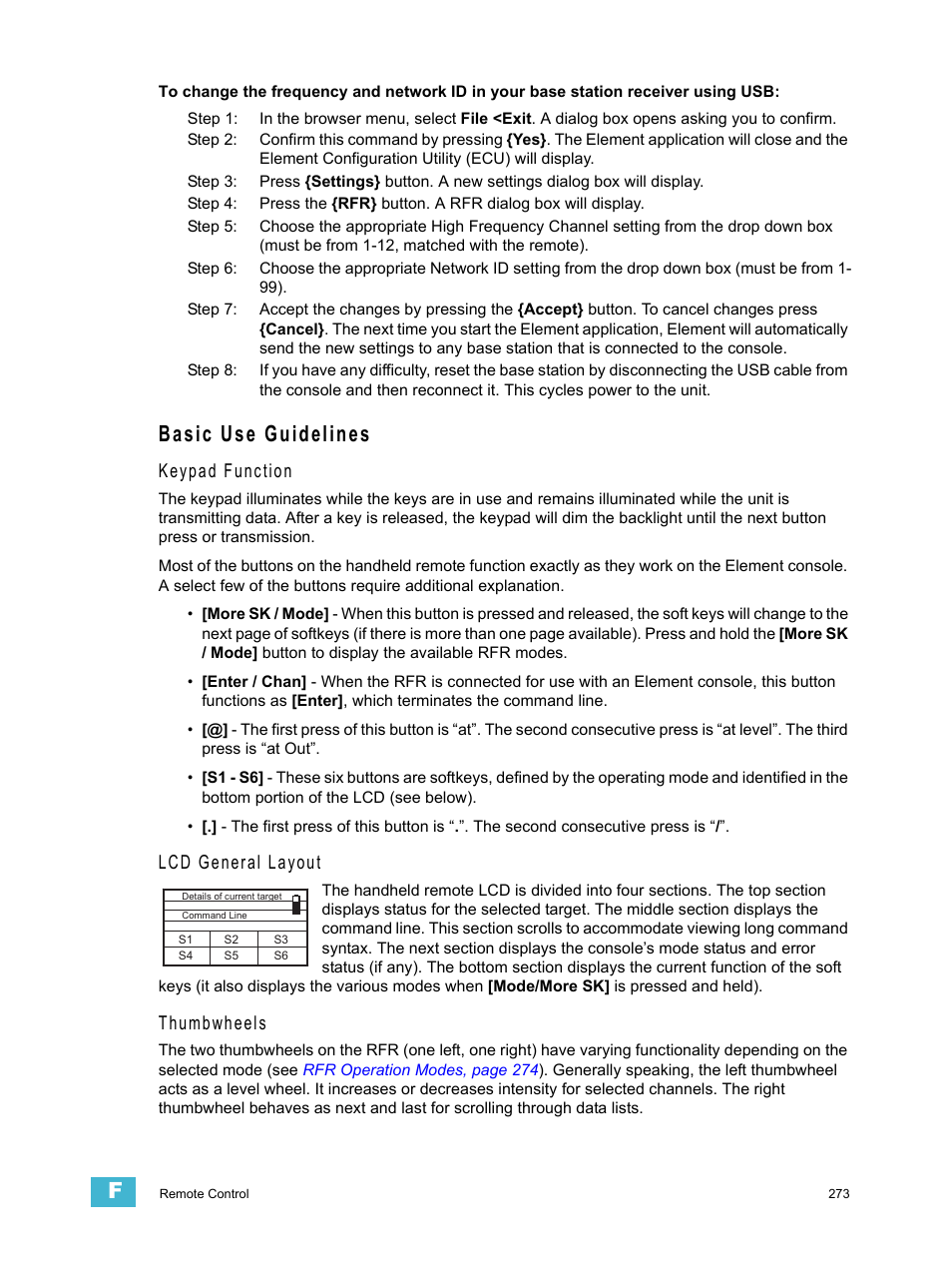 Basic use guidelines, Keypad function, Lcd general layout | Thumbwheels | ETC Element v2.1.0 User Manual | Page 285 / 318