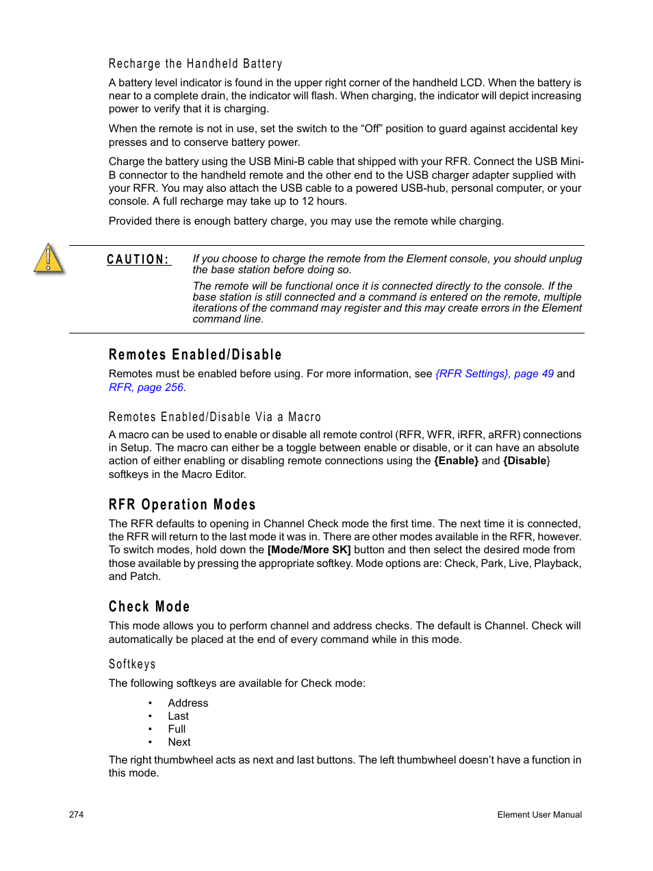 Remotes enabled/disable, Remotes enabled/disable via a macro, Rfr operation modes | Check mode | ETC Element v2.1.0 User Manual | Page 286 / 318