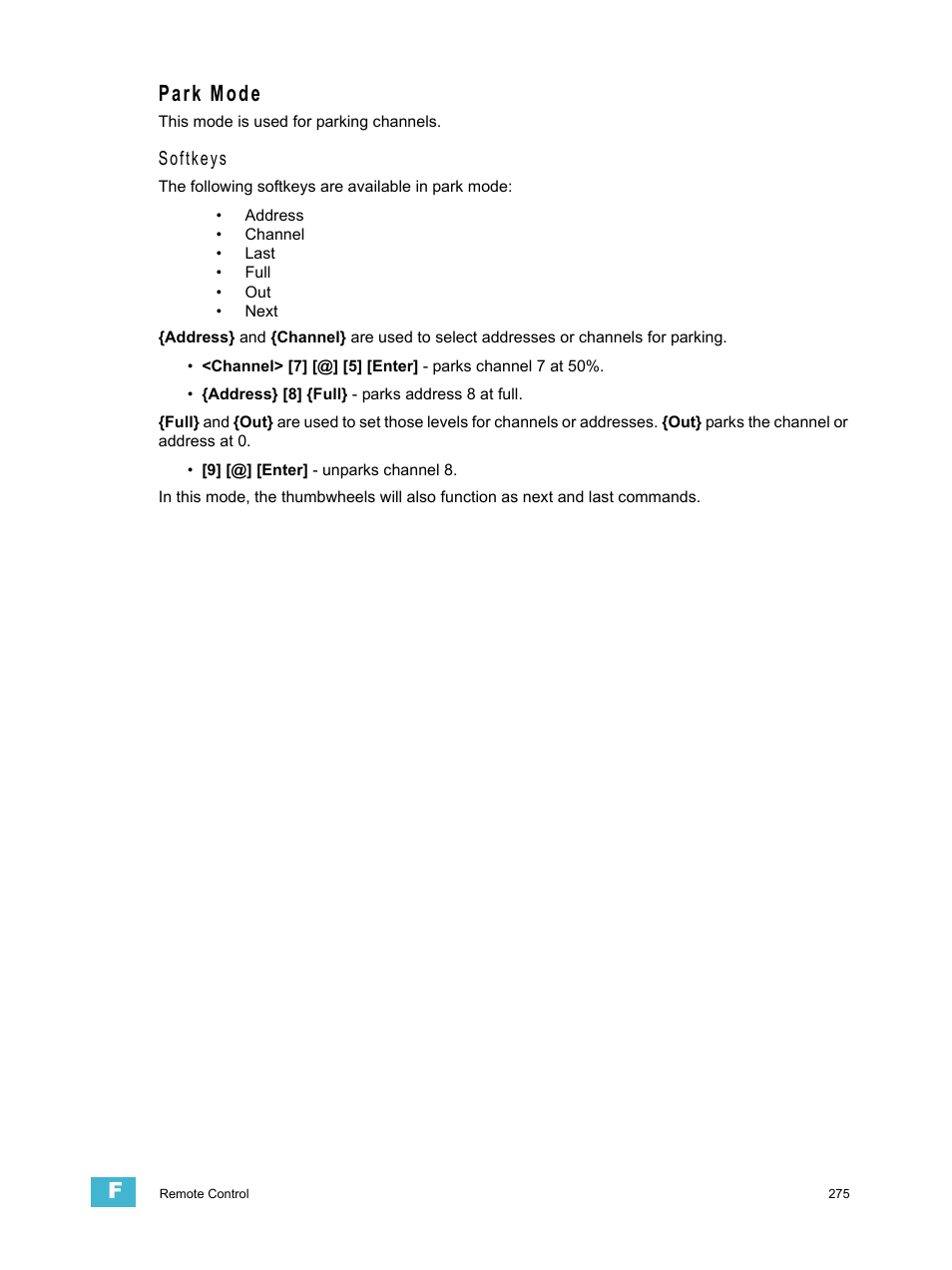 Park mode, Softkeys | ETC Element v2.1.0 User Manual | Page 287 / 318