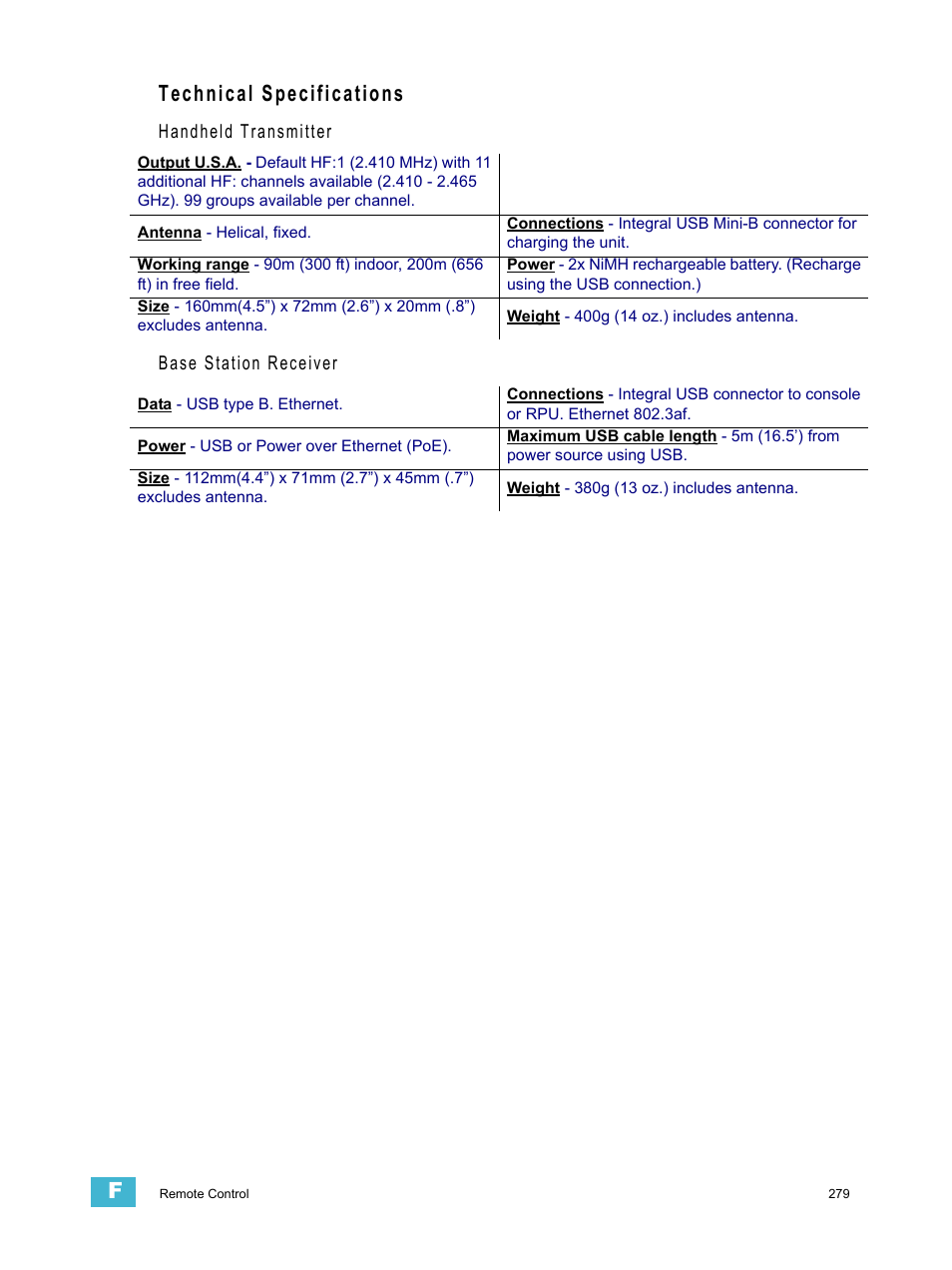 Technical specifications, Handheld transmitter base station receiver | ETC Element v2.1.0 User Manual | Page 291 / 318