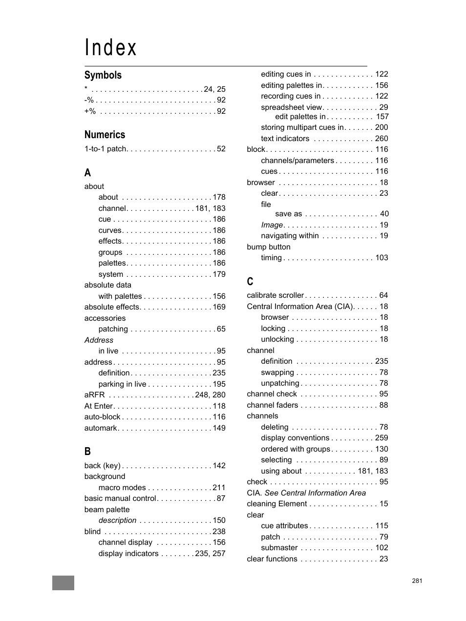 Symbols, Numerics, Index | ETC Element v2.1.0 User Manual | Page 293 / 318