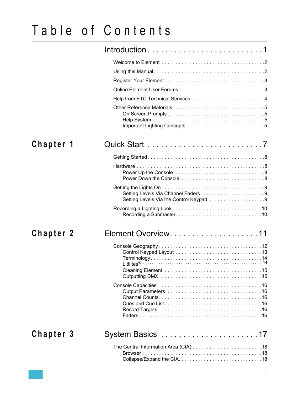 Introduction, Quick start, Element overview | System basics | ETC Element v2.1.0 User Manual | Page 3 / 318