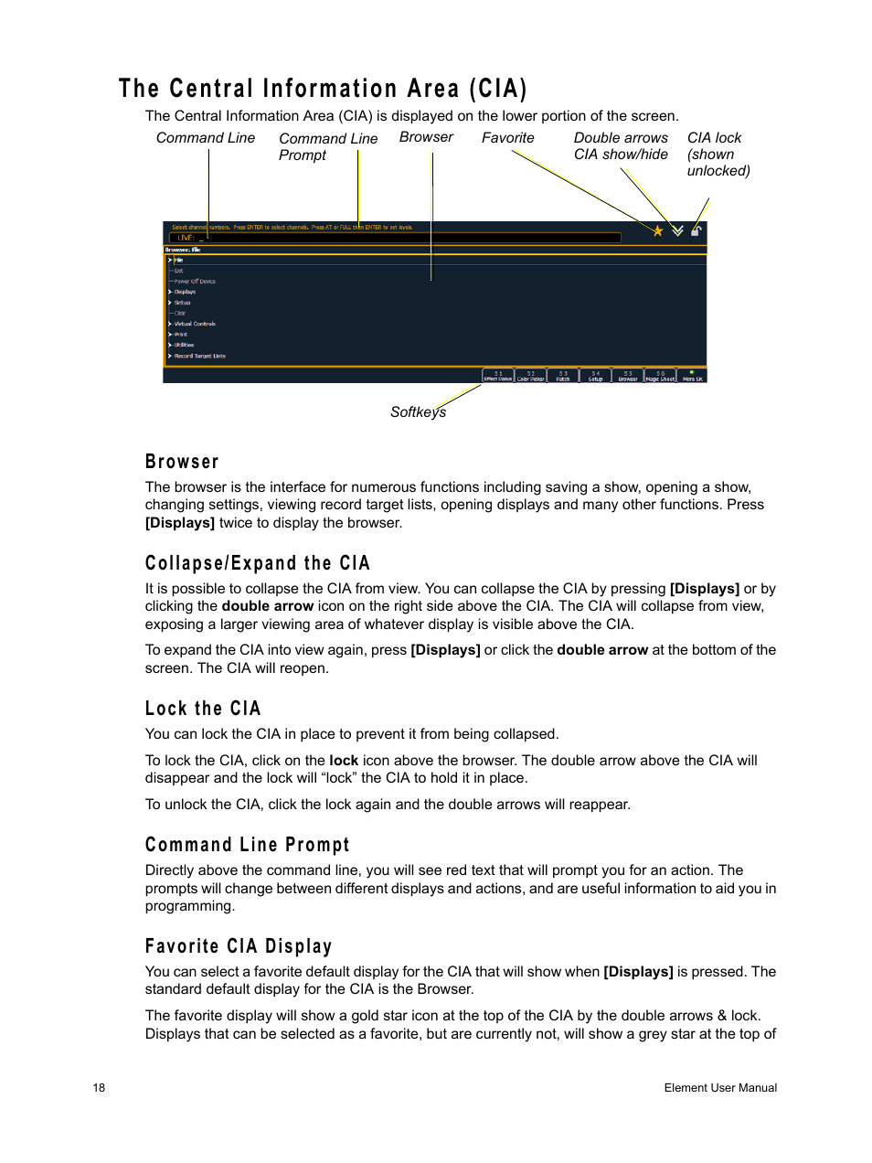 The central information area (cia), Browser, Collapse/expand the cia | Lock the cia, Command line prompt, Favorite cia display, Browser collapse/expand the cia | ETC Element v2.1.0 User Manual | Page 30 / 318