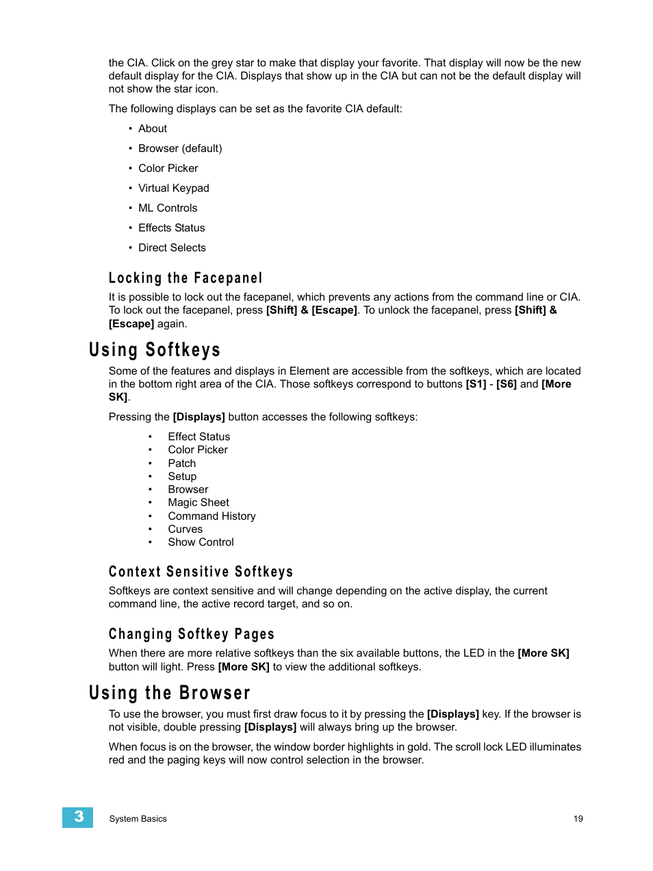 Locking the facepanel, Using softkeys, Context sensitive softkeys | Using the browser, Changing softkey pages | ETC Element v2.1.0 User Manual | Page 31 / 318