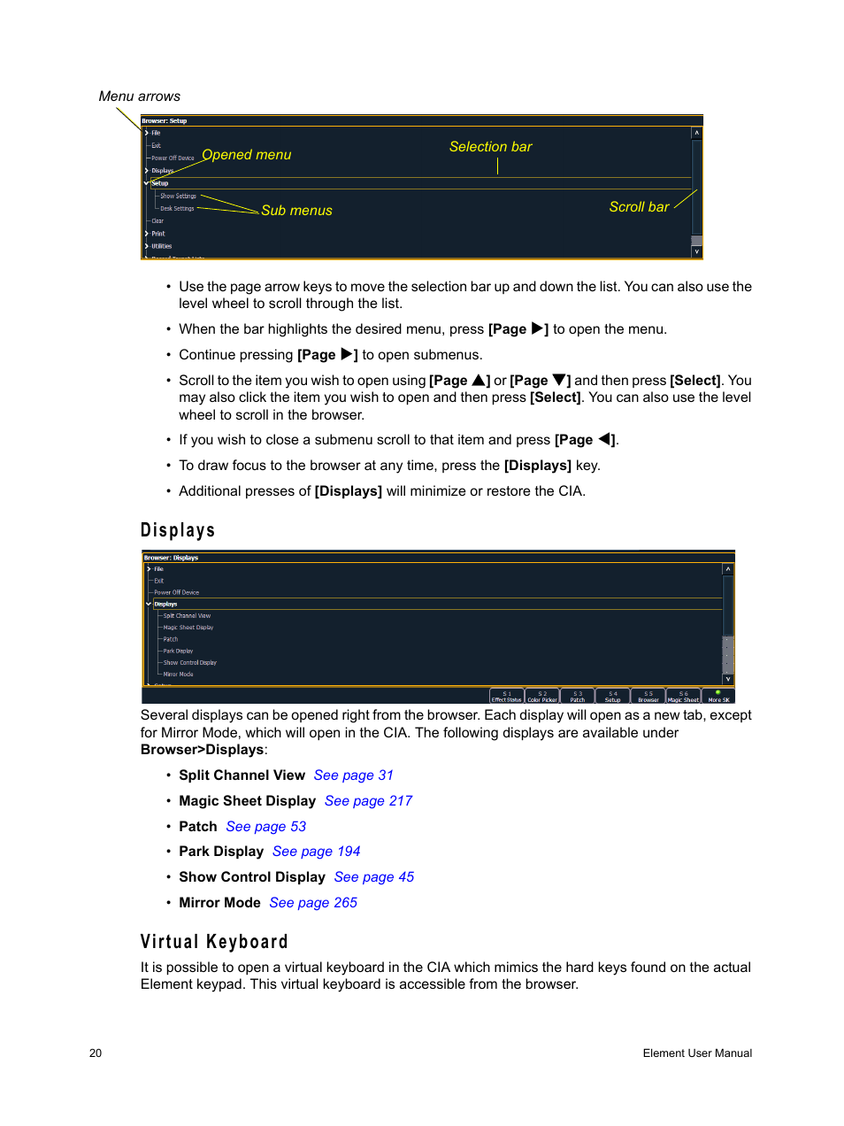 Displays, Virtual keyboard, Displays virtual keyboard | ETC Element v2.1.0 User Manual | Page 32 / 318