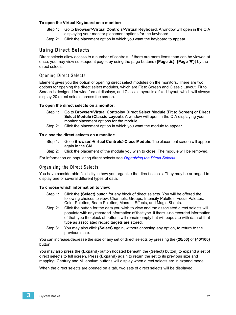 Using direct selects, Opening direct selects, Organizing the direct selects | ETC Element v2.1.0 User Manual | Page 33 / 318