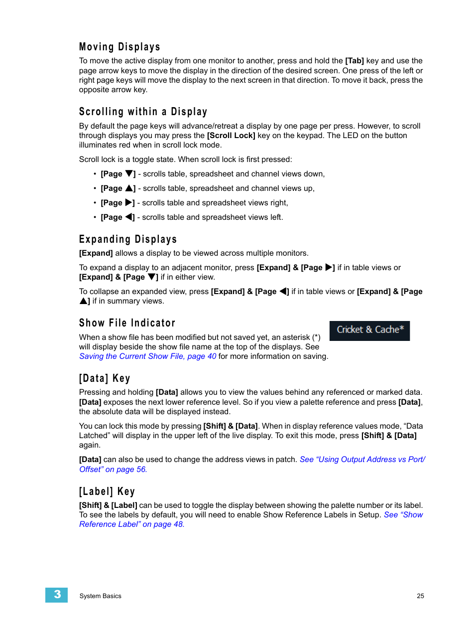 Moving displays, Scrolling within a display, Expanding displays | Show file indicator, Data] key, Label] key | ETC Element v2.1.0 User Manual | Page 37 / 318