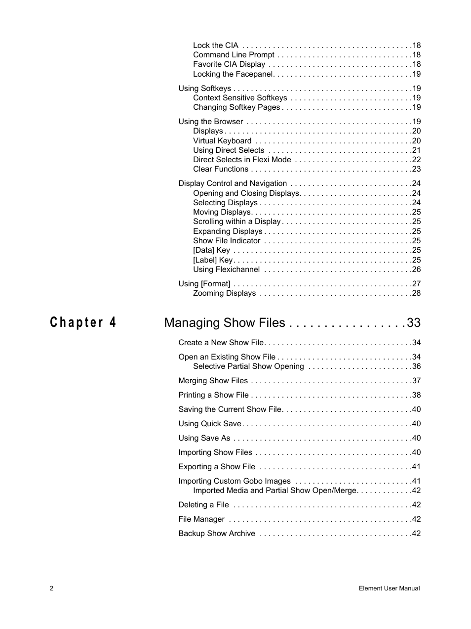 Managing show files | ETC Element v2.1.0 User Manual | Page 4 / 318