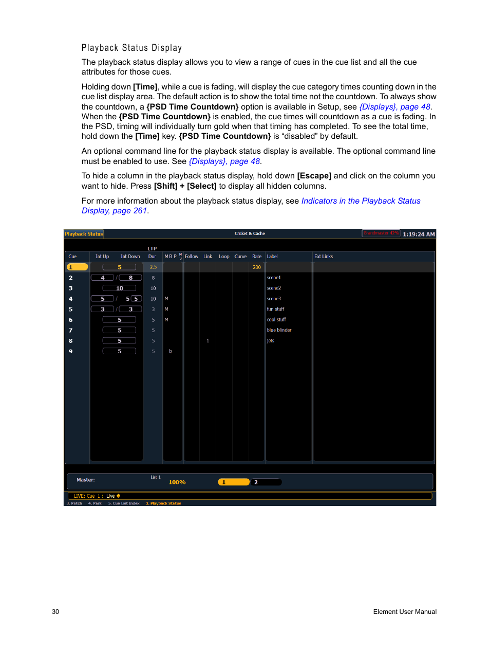 Playback status display | ETC Element v2.1.0 User Manual | Page 42 / 318