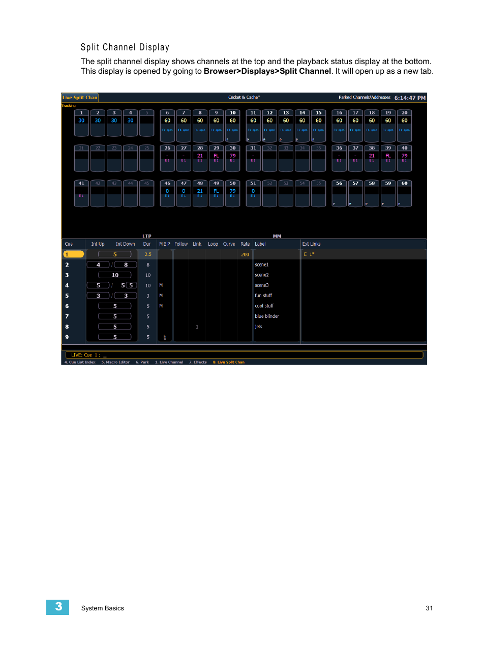 See “split channel display” on | ETC Element v2.1.0 User Manual | Page 43 / 318