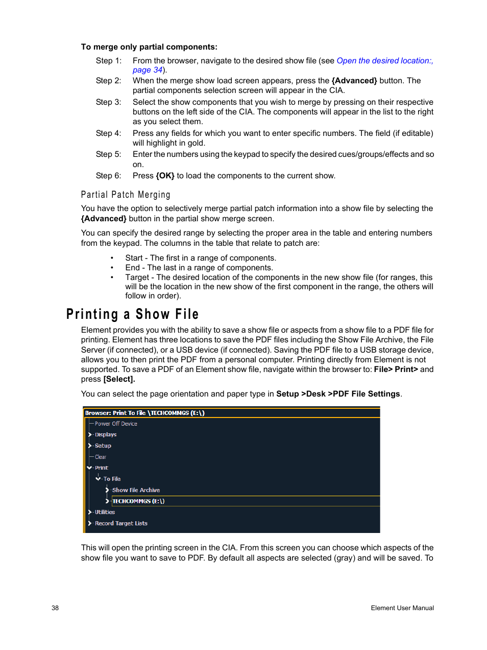 Printing a show file, Partial patch merging | ETC Element v2.1.0 User Manual | Page 50 / 318