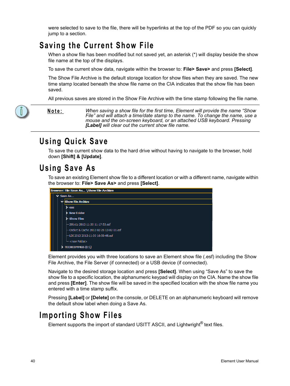 Saving the current show file, Using quick save, Using save as | Importing show files | ETC Element v2.1.0 User Manual | Page 52 / 318