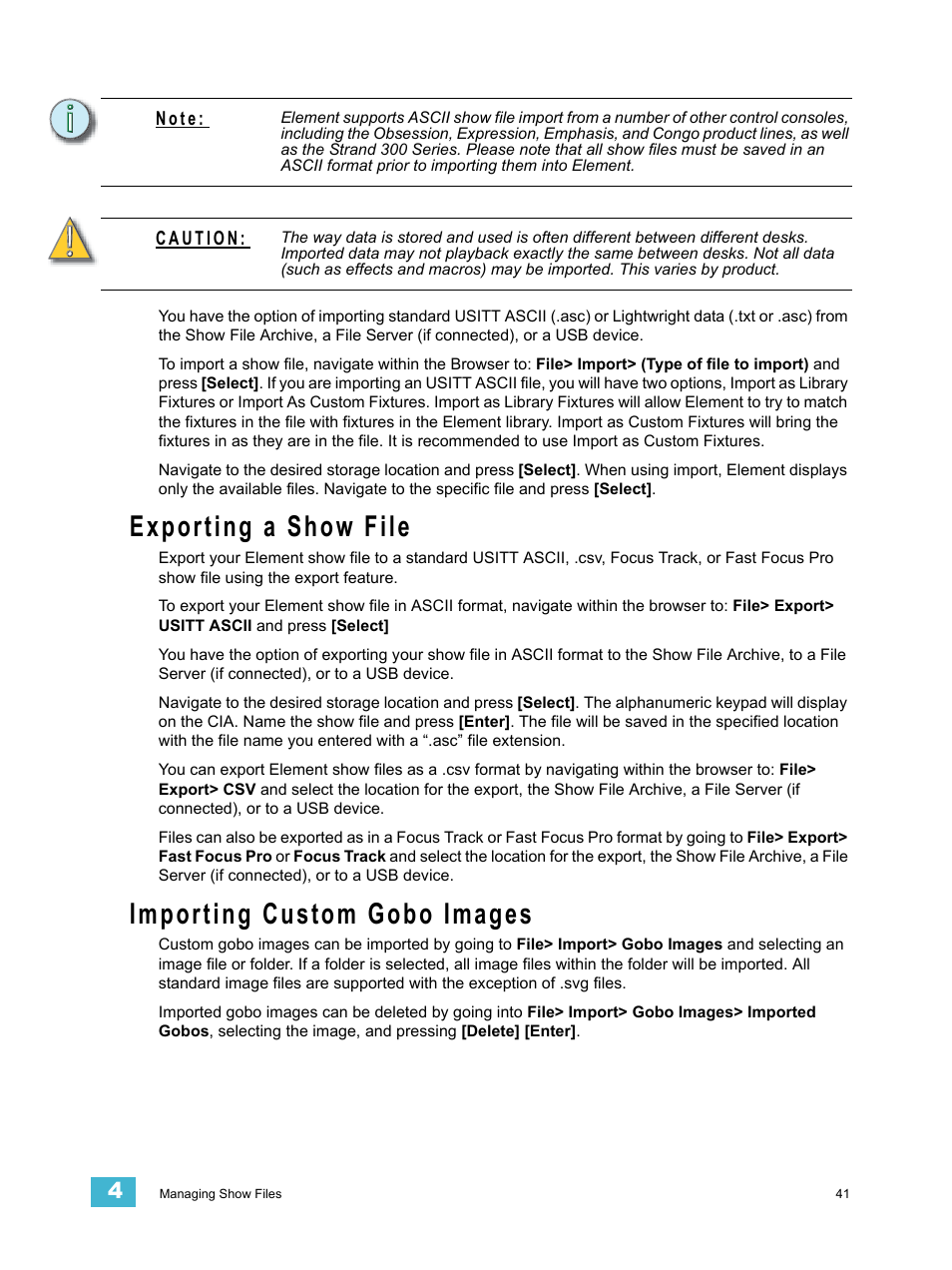 Exporting a show file, Importing custom gobo images | ETC Element v2.1.0 User Manual | Page 53 / 318
