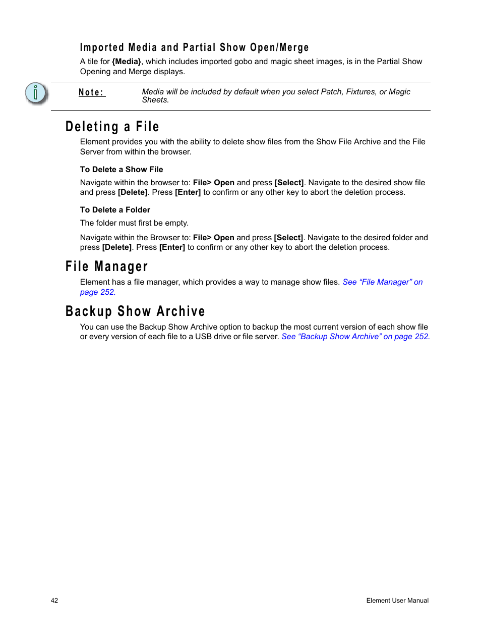 Imported media and partial show open/merge, Deleting a file, File manager | Backup show archive | ETC Element v2.1.0 User Manual | Page 54 / 318