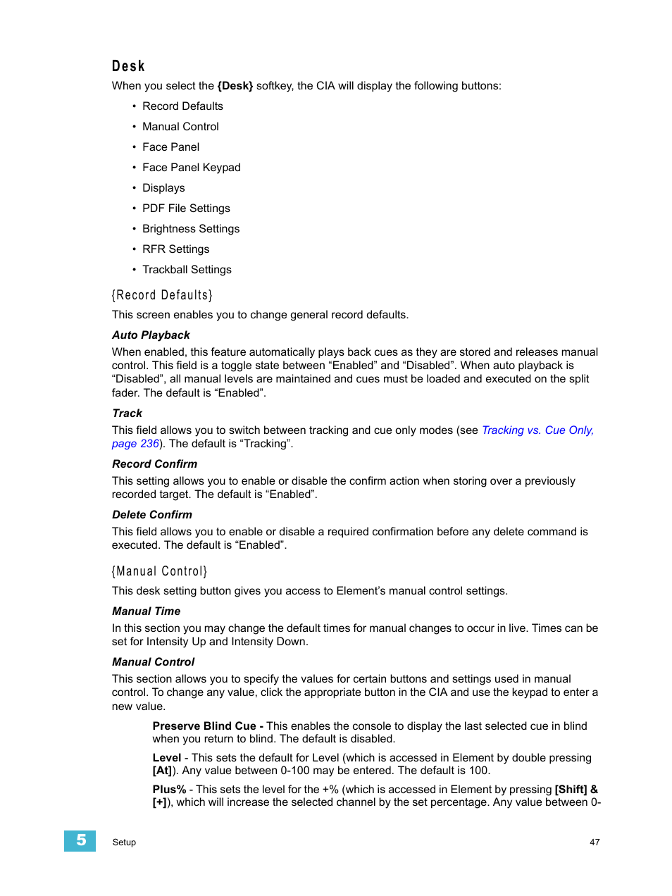 Desk, Record defaults, Manual control | ETC Element v2.1.0 User Manual | Page 59 / 318