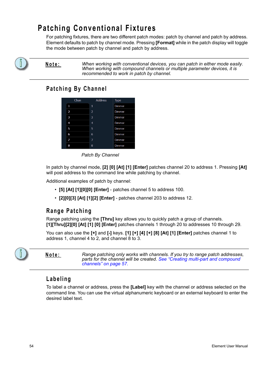 Patching conventional fixtures, Patching by channel, Range patching | Labeling, Patching by channel range patching labeling | ETC Element v2.1.0 User Manual | Page 66 / 318