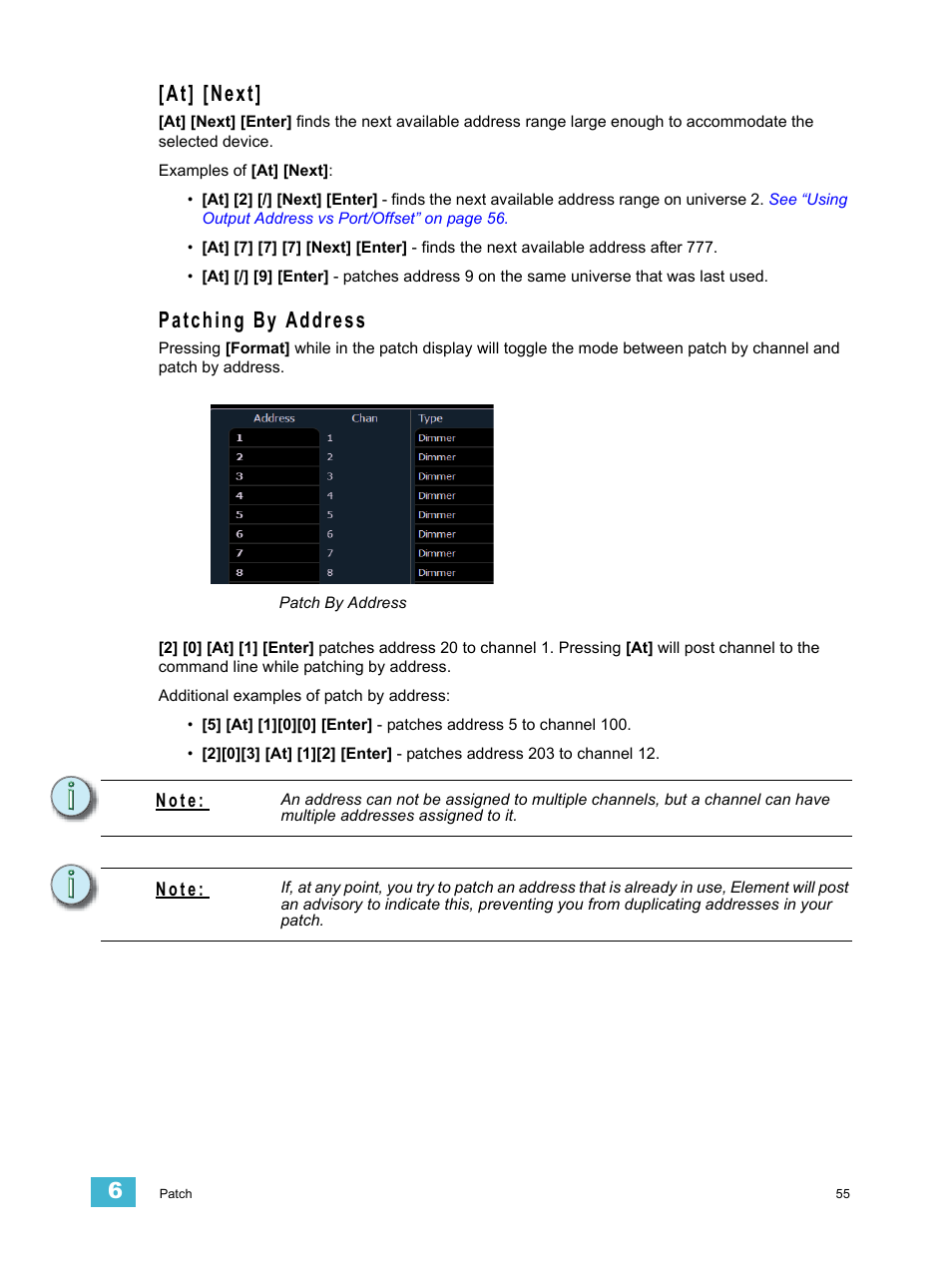 At] [next, Patching by address, At] [next] patching by address | ETC Element v2.1.0 User Manual | Page 67 / 318