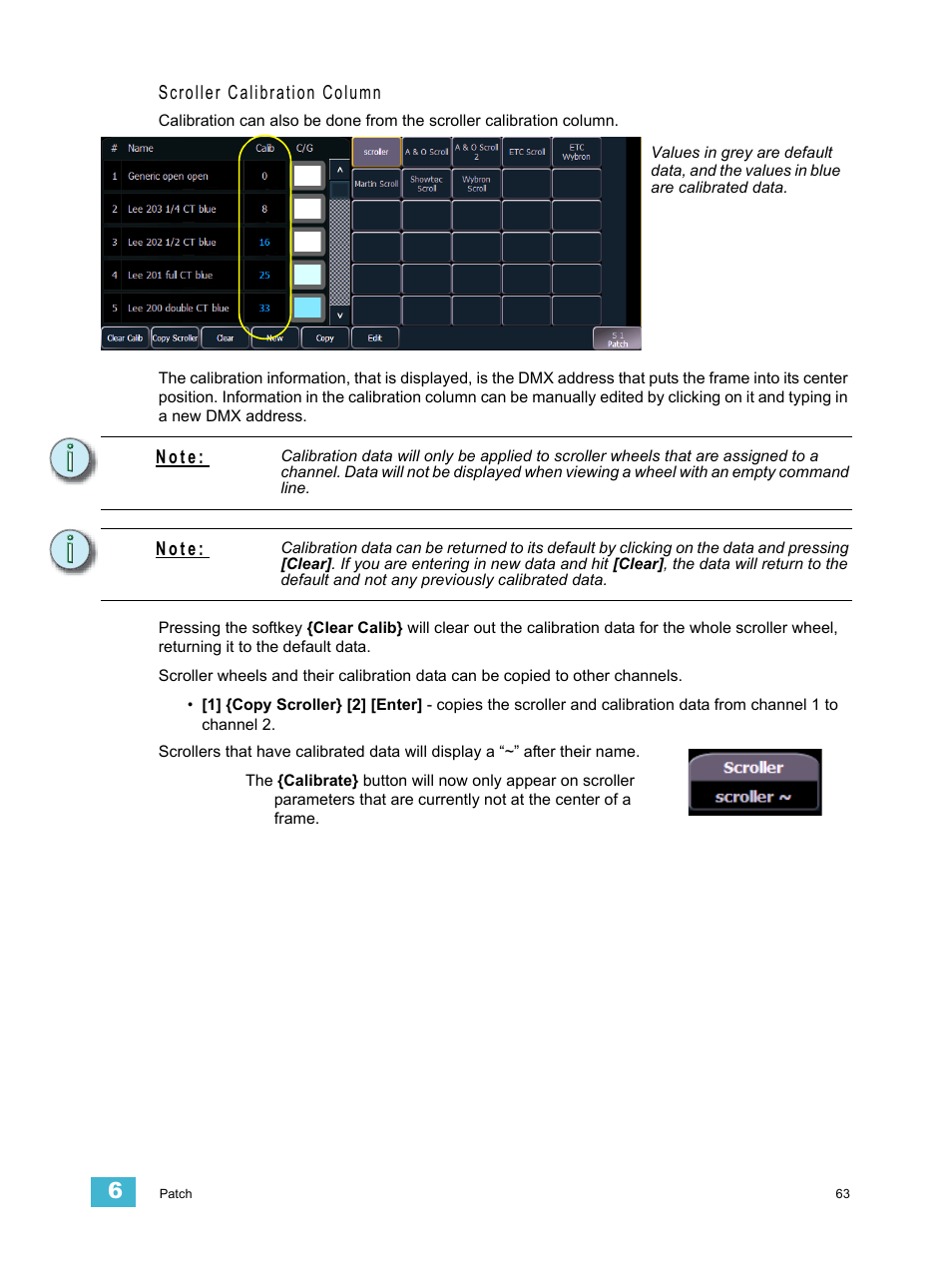 Scroller calibration column, N o t e | ETC Element v2.1.0 User Manual | Page 75 / 318