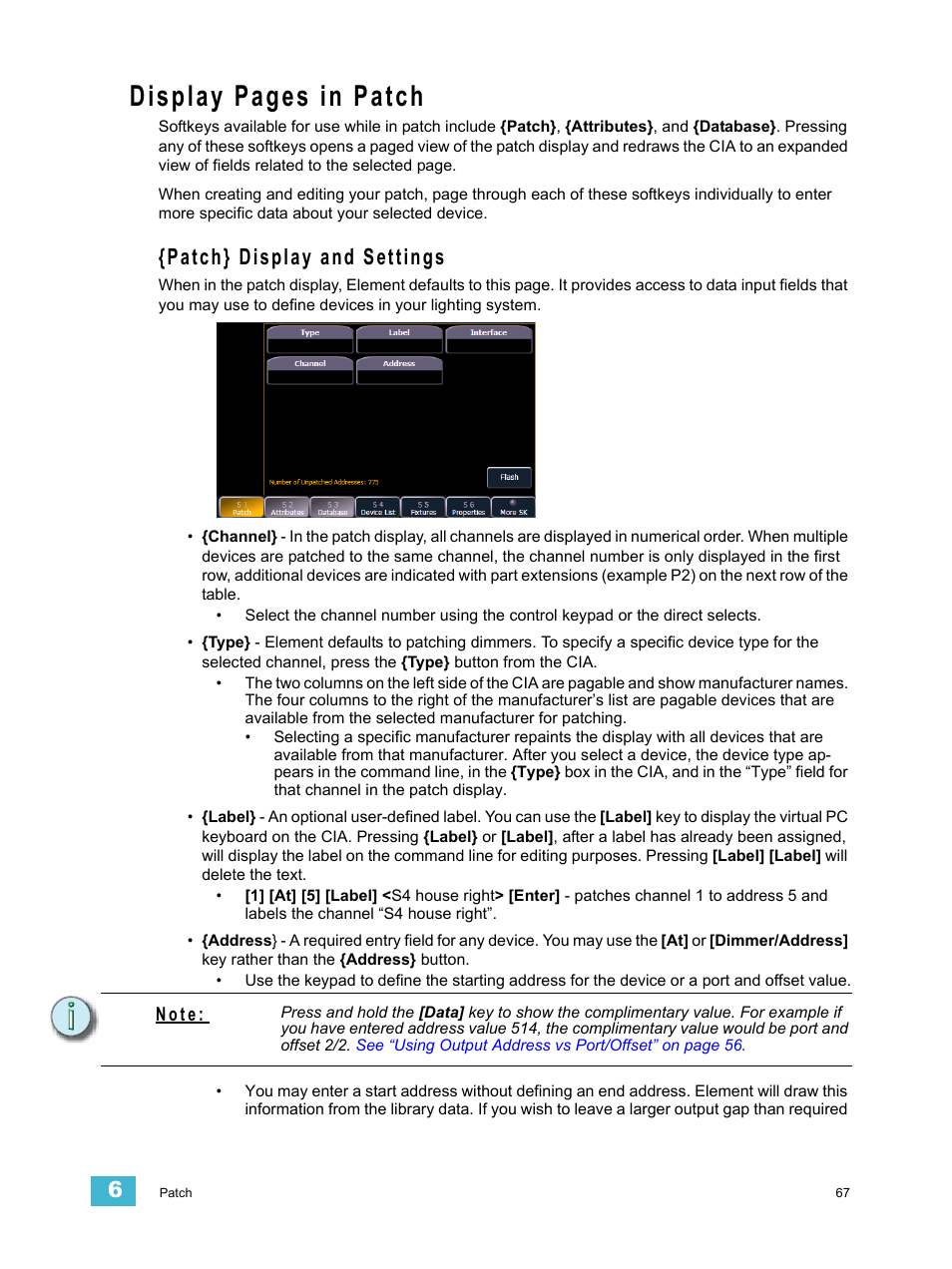 Patch} display and settings, Patch, Display pages in patch | ETC Element v2.1.0 User Manual | Page 79 / 318