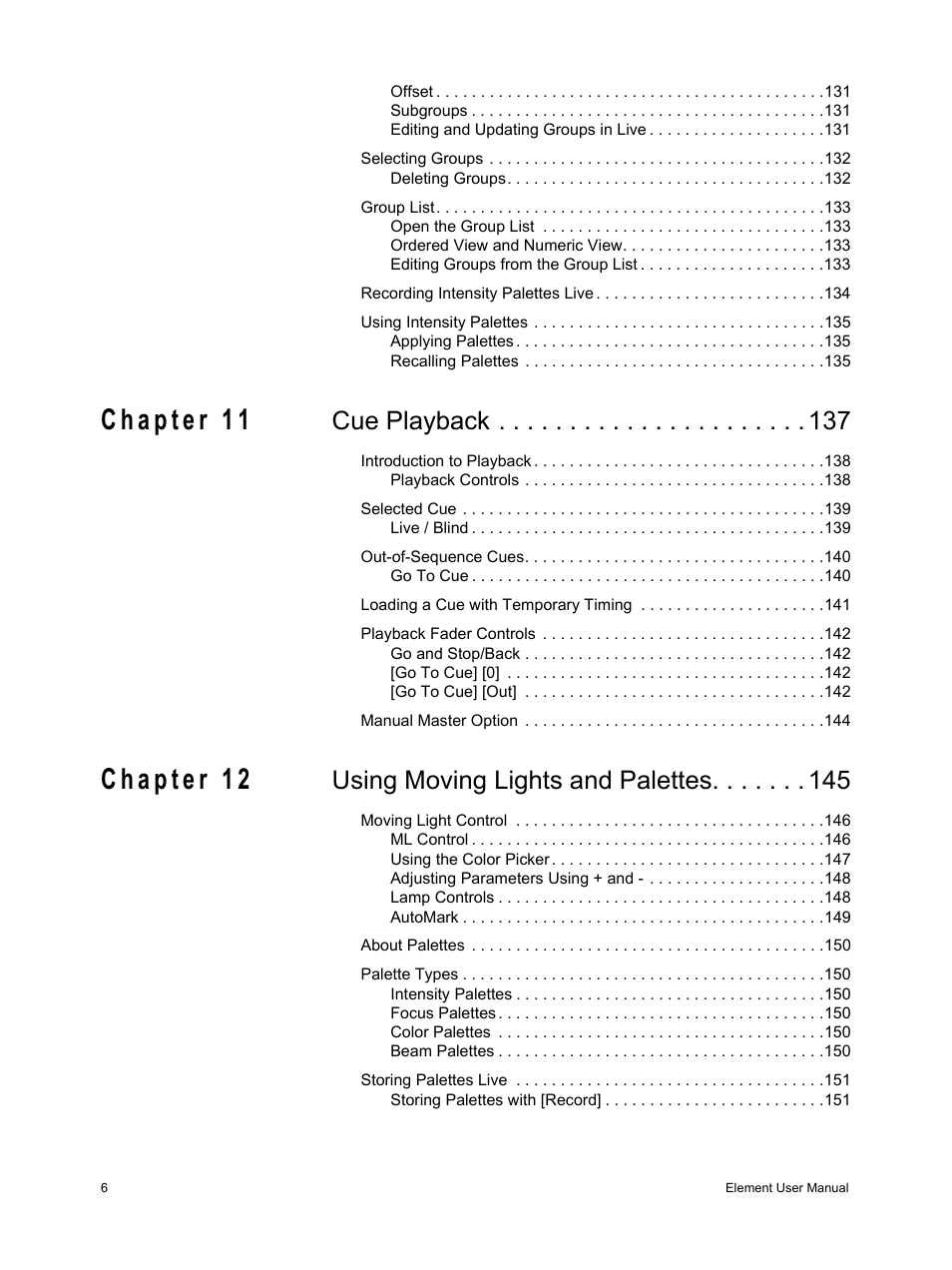 Cue playback, Using moving lights and palettes | ETC Element v2.1.0 User Manual | Page 8 / 318