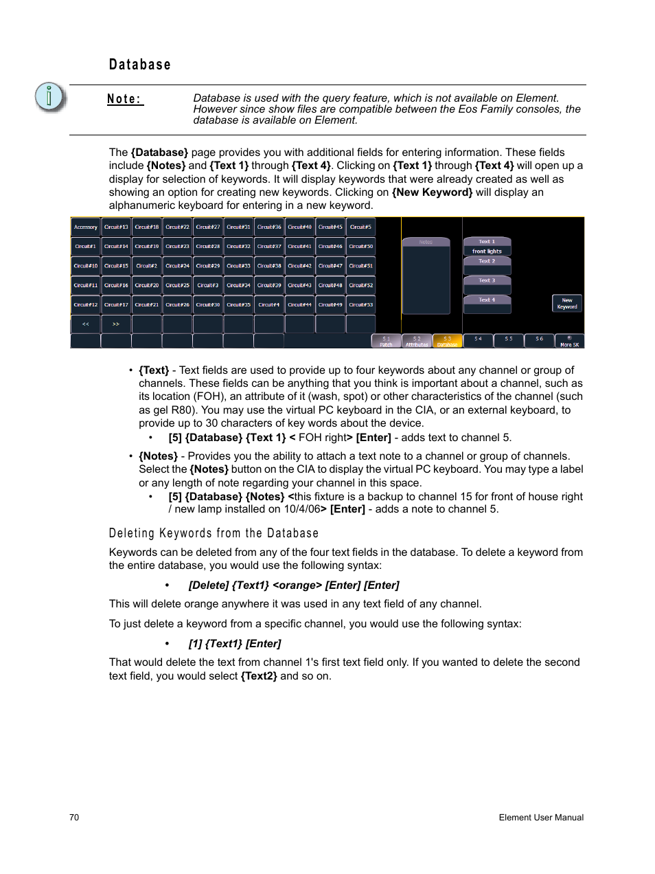 Database, Deleting keywords from the database, N o t e | ETC Element v2.1.0 User Manual | Page 82 / 318