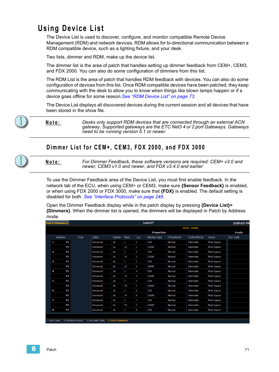 Using device list, Dimmer list for cem+, cem3, fdx 2000, and fdx 3000 | ETC Element v2.1.0 User Manual | Page 83 / 318
