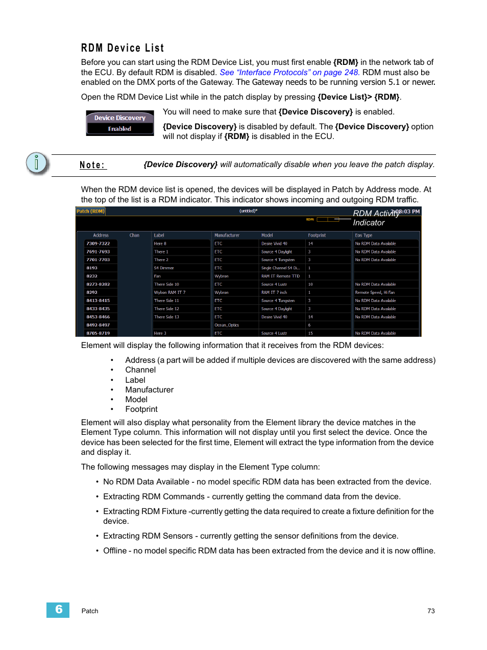 Rdm device list, N o t e | ETC Element v2.1.0 User Manual | Page 85 / 318