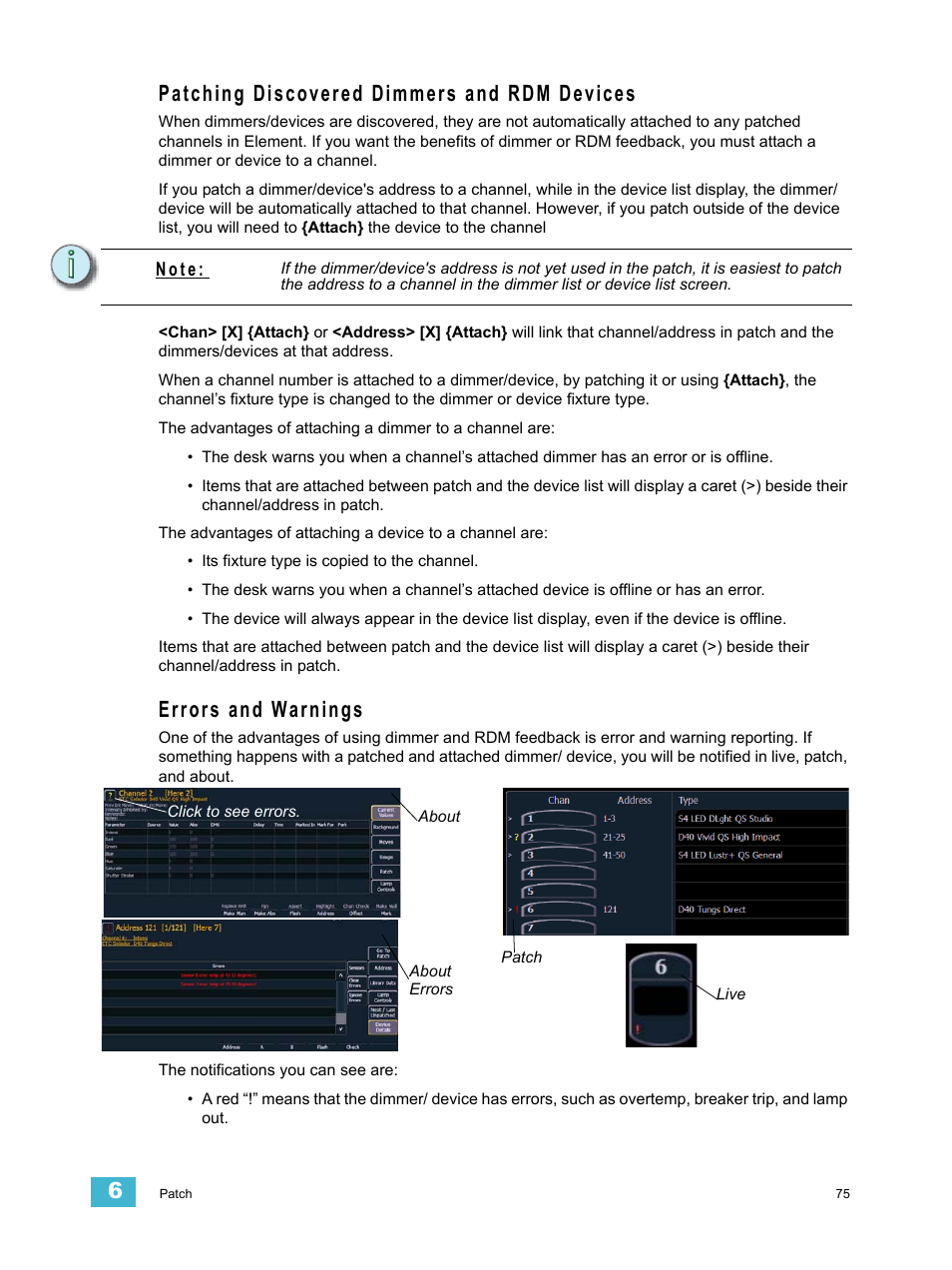 Patching discovered dimmers and rdm devices, Errors and warnings | ETC Element v2.1.0 User Manual | Page 87 / 318