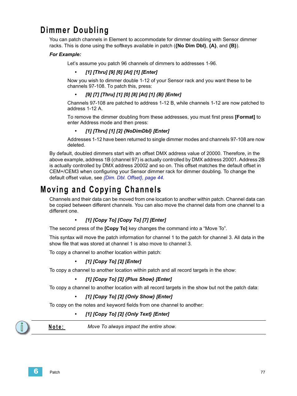 Dimmer doubling, Moving and copying channels | ETC Element v2.1.0 User Manual | Page 89 / 318