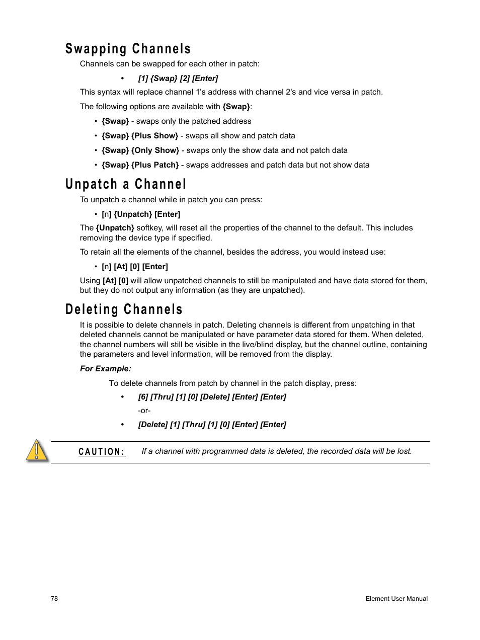 Swapping channels, Unpatch a channel, Deleting channels | ETC Element v2.1.0 User Manual | Page 90 / 318