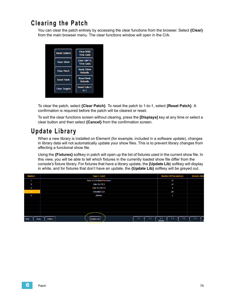 Clearing the patch, Update library | ETC Element v2.1.0 User Manual | Page 91 / 318