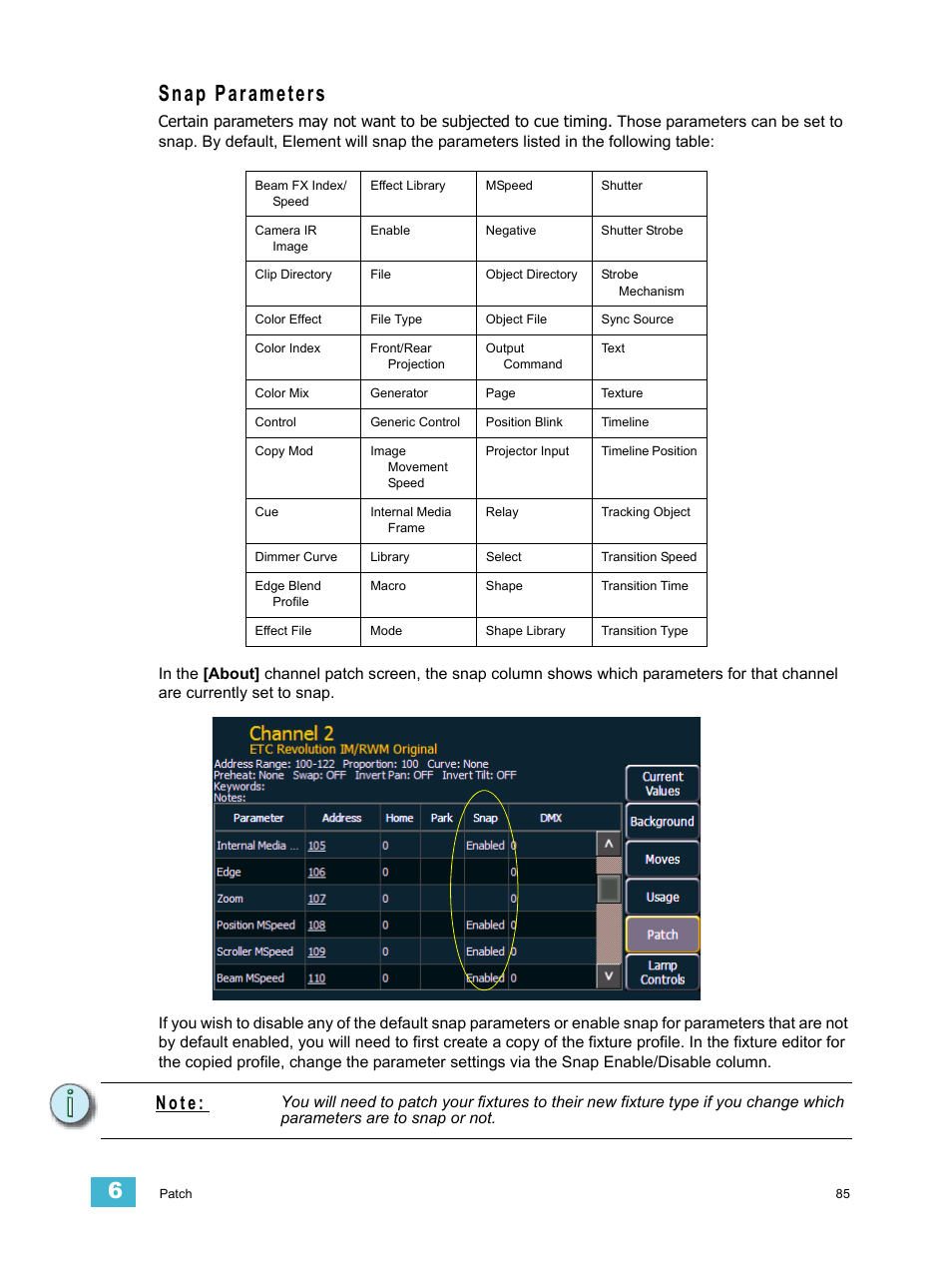 Snap parameters, N o t e | ETC Element v2.1.0 User Manual | Page 97 / 318