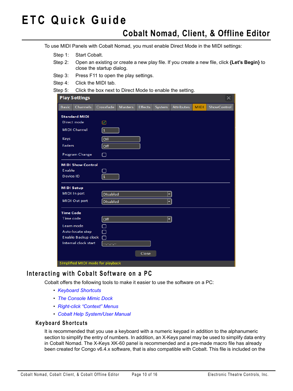 Interacting with cobalt software on a pc, Keyboard shortcuts, Cobalt nomad, client, & offline editor | ETC Cobalt Nomad Quick Guide User Manual | Page 10 / 16