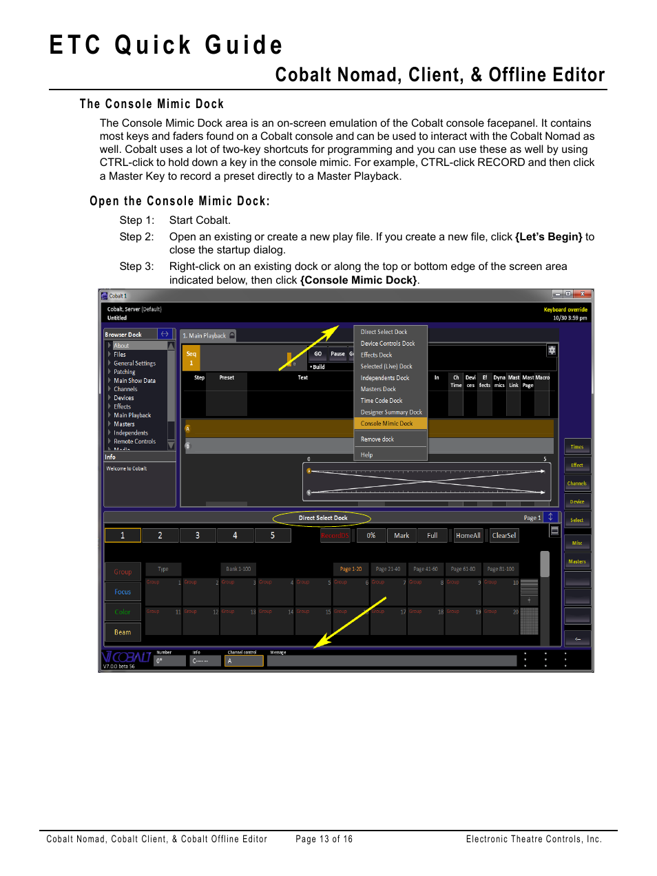 The console mimic dock, Open the console mimic dock, Cobalt nomad, client, & offline editor | ETC Cobalt Nomad Quick Guide User Manual | Page 13 / 16