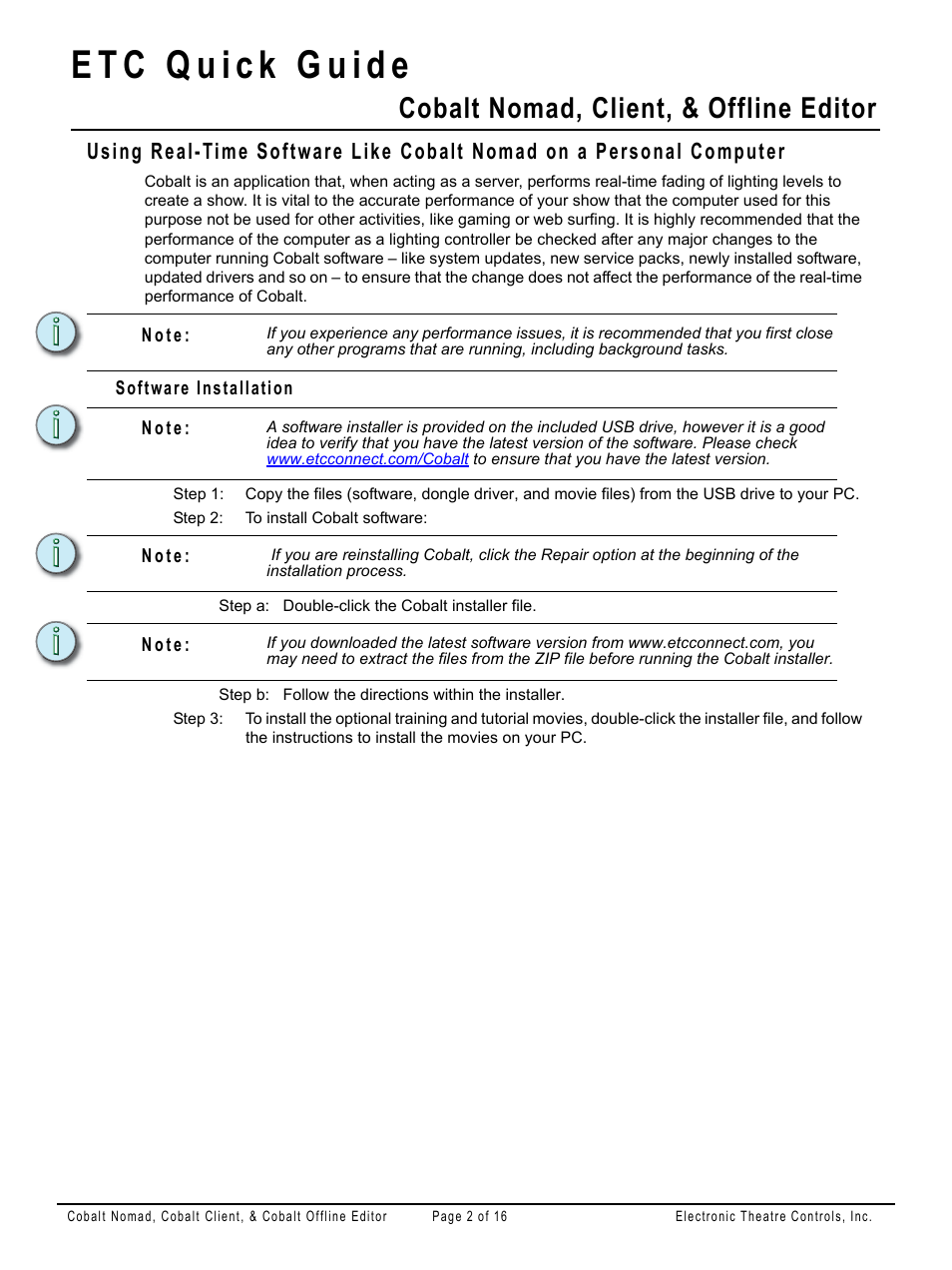 Software installation, Cobalt nomad, client, & offline editor | ETC Cobalt Nomad Quick Guide User Manual | Page 2 / 16