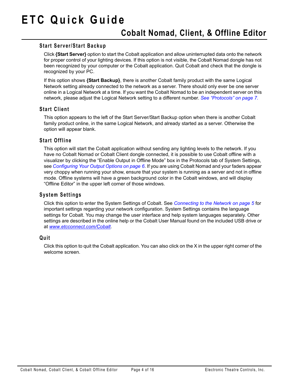 Start server/start backup, Start client, Start offline | System settings, Quit, Cobalt nomad, client, & offline editor | ETC Cobalt Nomad Quick Guide User Manual | Page 4 / 16