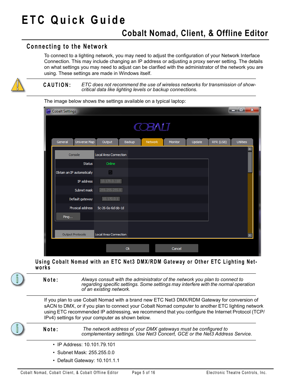 Connecting to the network, Cobalt nomad, client, & offline editor | ETC Cobalt Nomad Quick Guide User Manual | Page 5 / 16