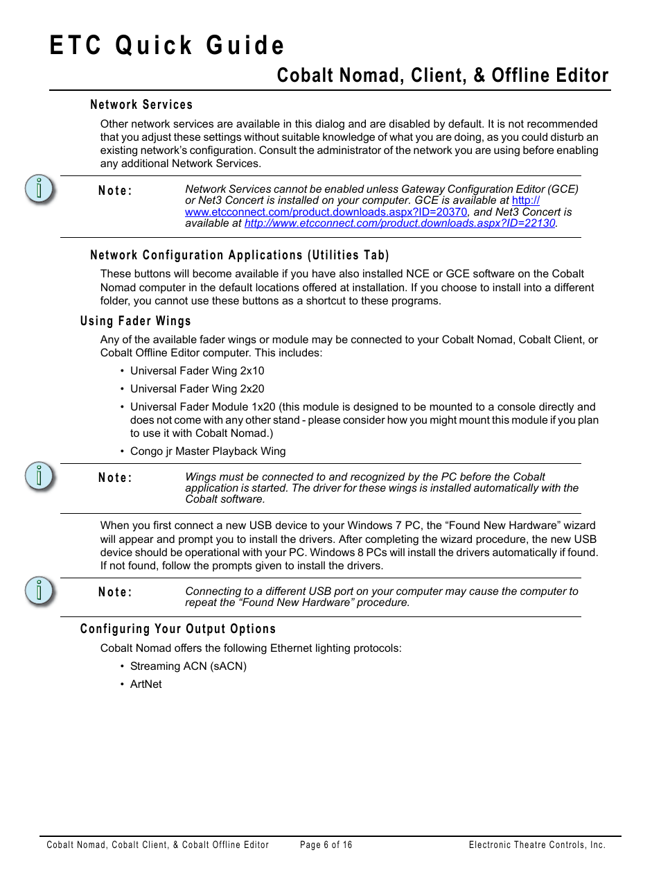 Network services, Network configuration applications (utilities tab), Using fader wings | Configuring your output options, Cobalt nomad, client, & offline editor | ETC Cobalt Nomad Quick Guide User Manual | Page 6 / 16