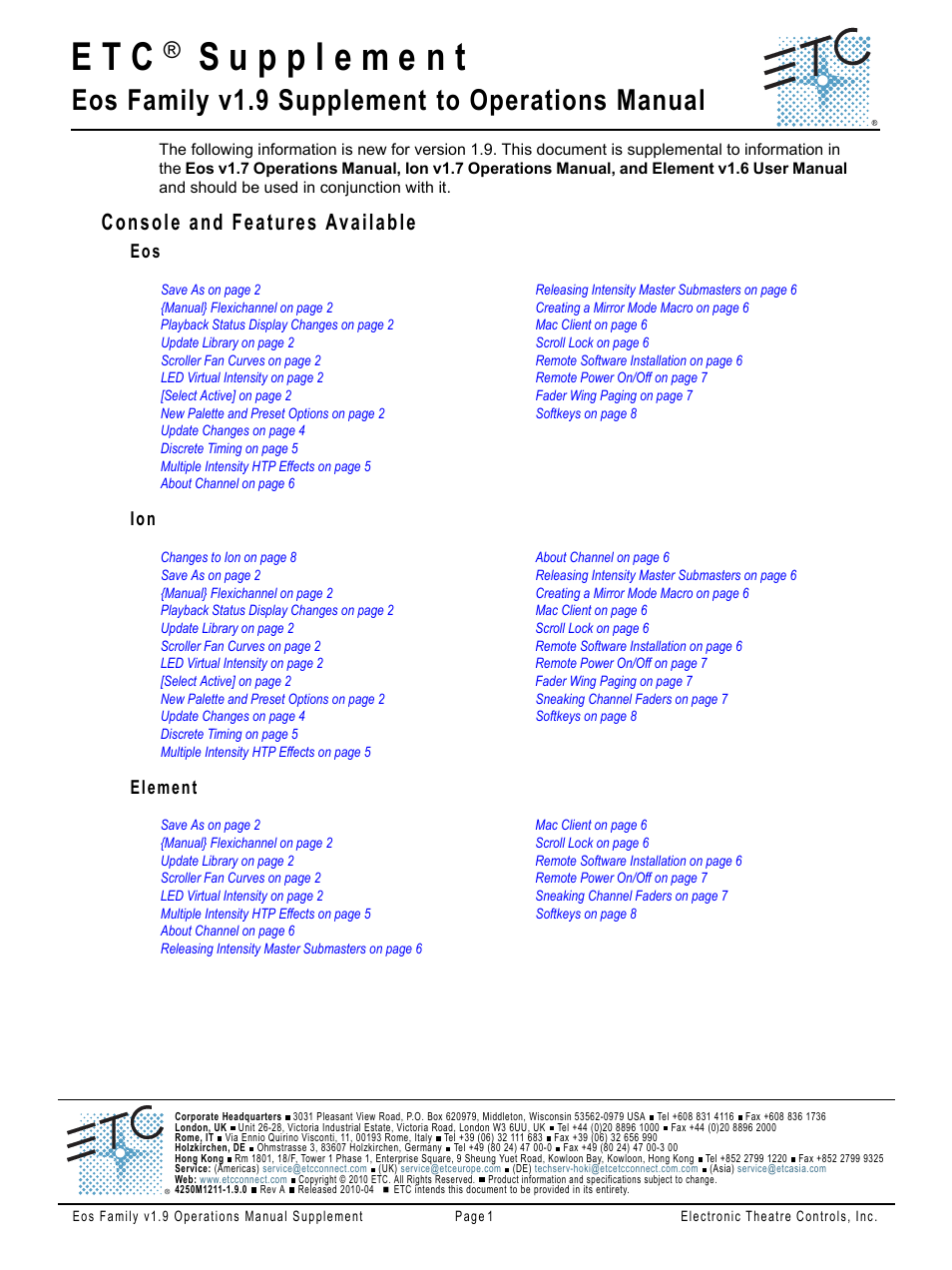 ETC Eos Family v1.9.0 User Manual | 16 pages