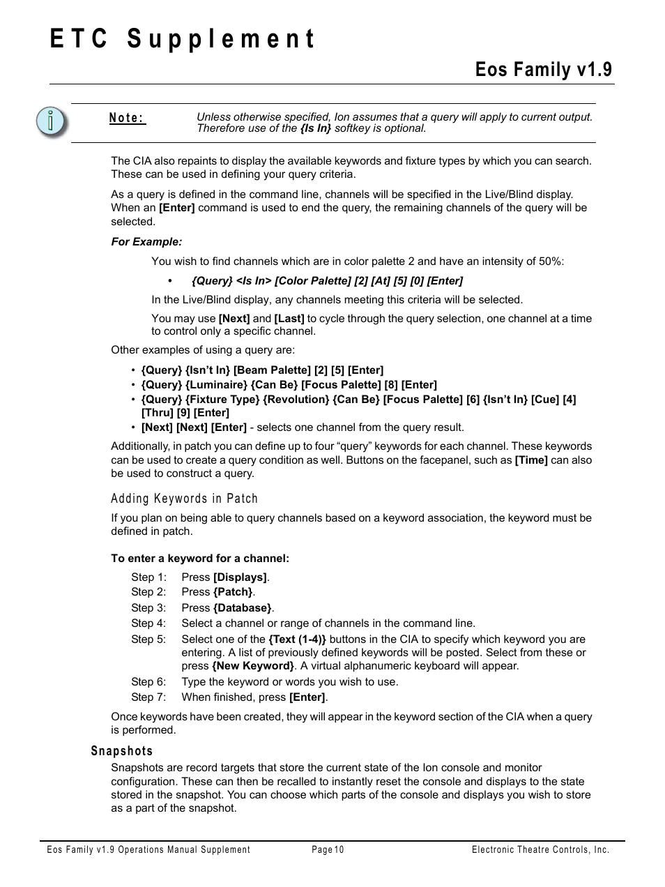 Snapshots, Eos family v1.9 | ETC Eos Family v1.9.0 User Manual | Page 10 / 16