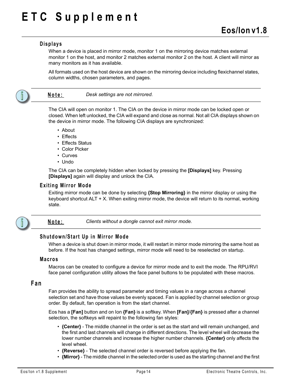 Displays, Exiting mirror mode, Shutdown/start up in mirror mode | Macros, Eos/ion v1.8 | ETC Eos Family v1.9.0 User Manual | Page 14 / 16