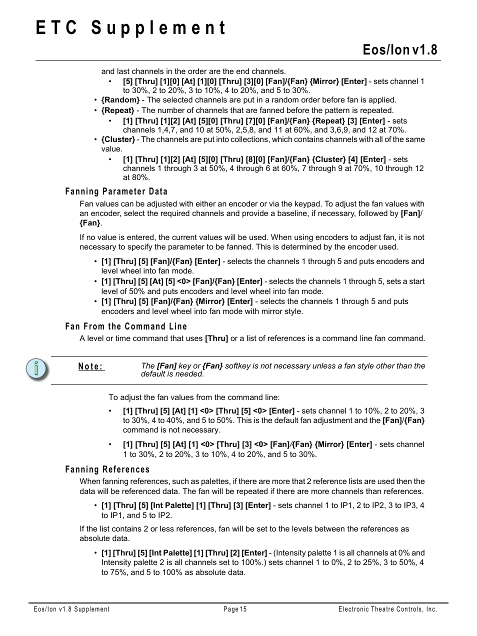 Fanning parameter data, Fan from the command line, Fanning references | Eos/ion v1.8 | ETC Eos Family v1.9.0 User Manual | Page 15 / 16