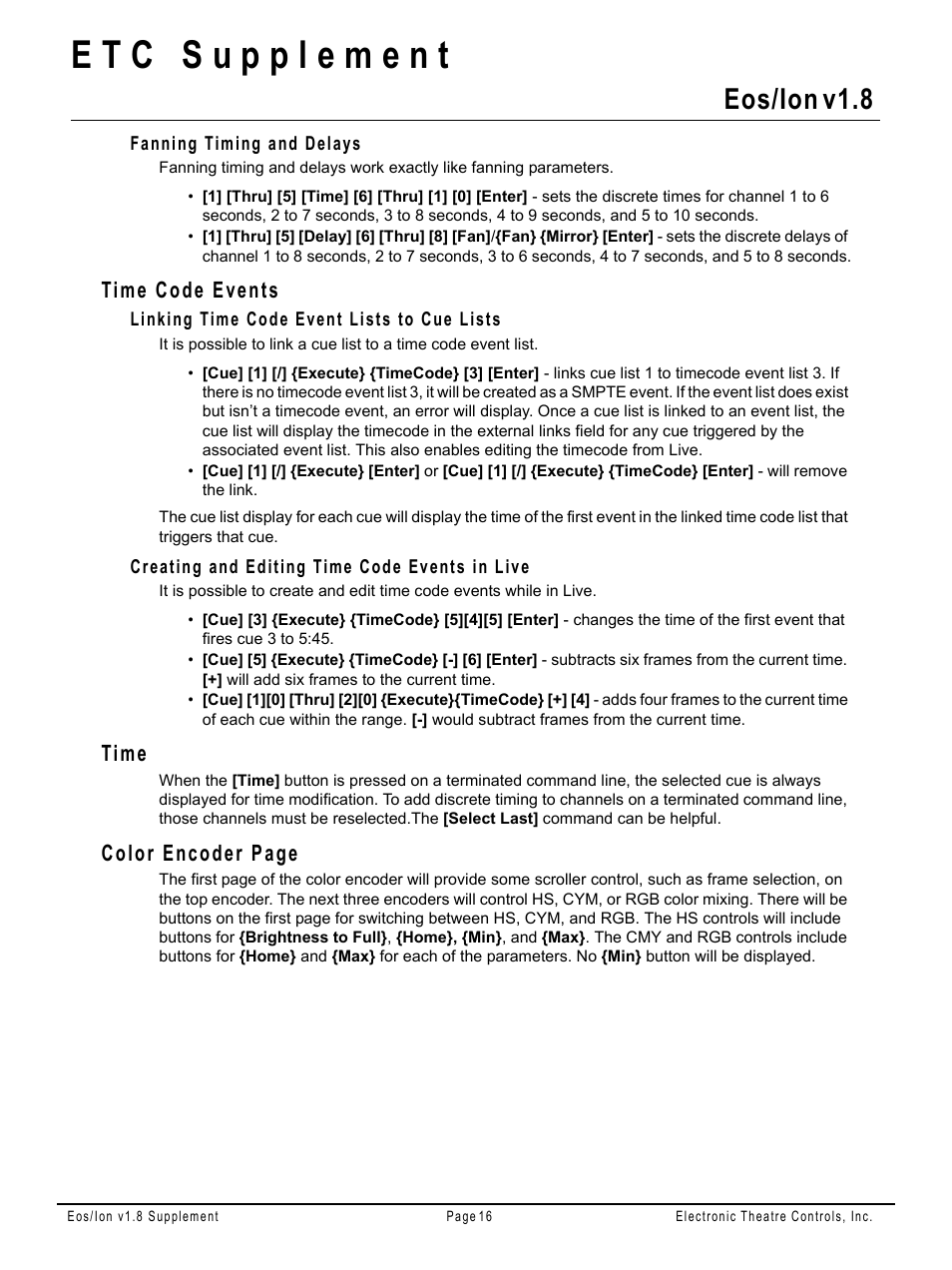 Fanning timing and delays, Time code events, Linking time code event lists to cue lists | Creating and editing time code events in live, Time, Eos/ion v1.8, Color encoder page | ETC Eos Family v1.9.0 User Manual | Page 16 / 16