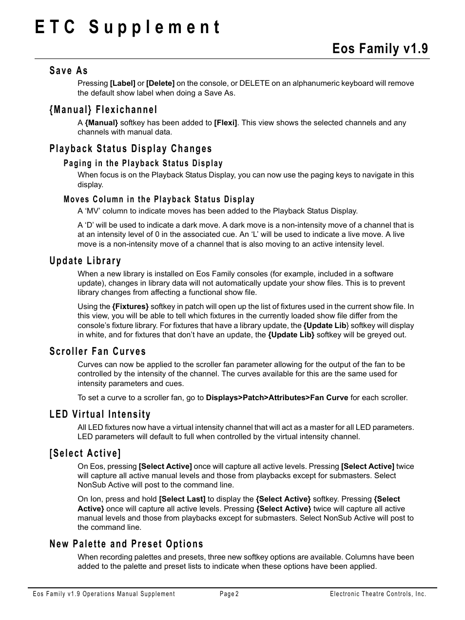 Save as, Manual} flexichannel, Playback status display changes | Paging in the playback status display, Moves column in the playback status display, Update library, Scroller fan curves, Led virtual intensity, Select active, New palette and preset options | ETC Eos Family v1.9.0 User Manual | Page 2 / 16