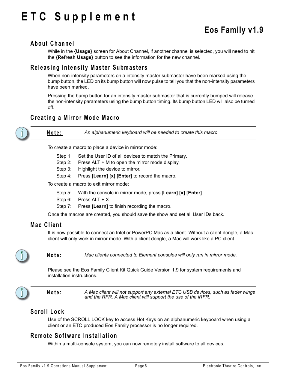 About channel, Releasing intensity master submasters, Creating a mirror mode macro | Mac client, Scroll lock, Remote software installation, Eos family v1.9 | ETC Eos Family v1.9.0 User Manual | Page 6 / 16